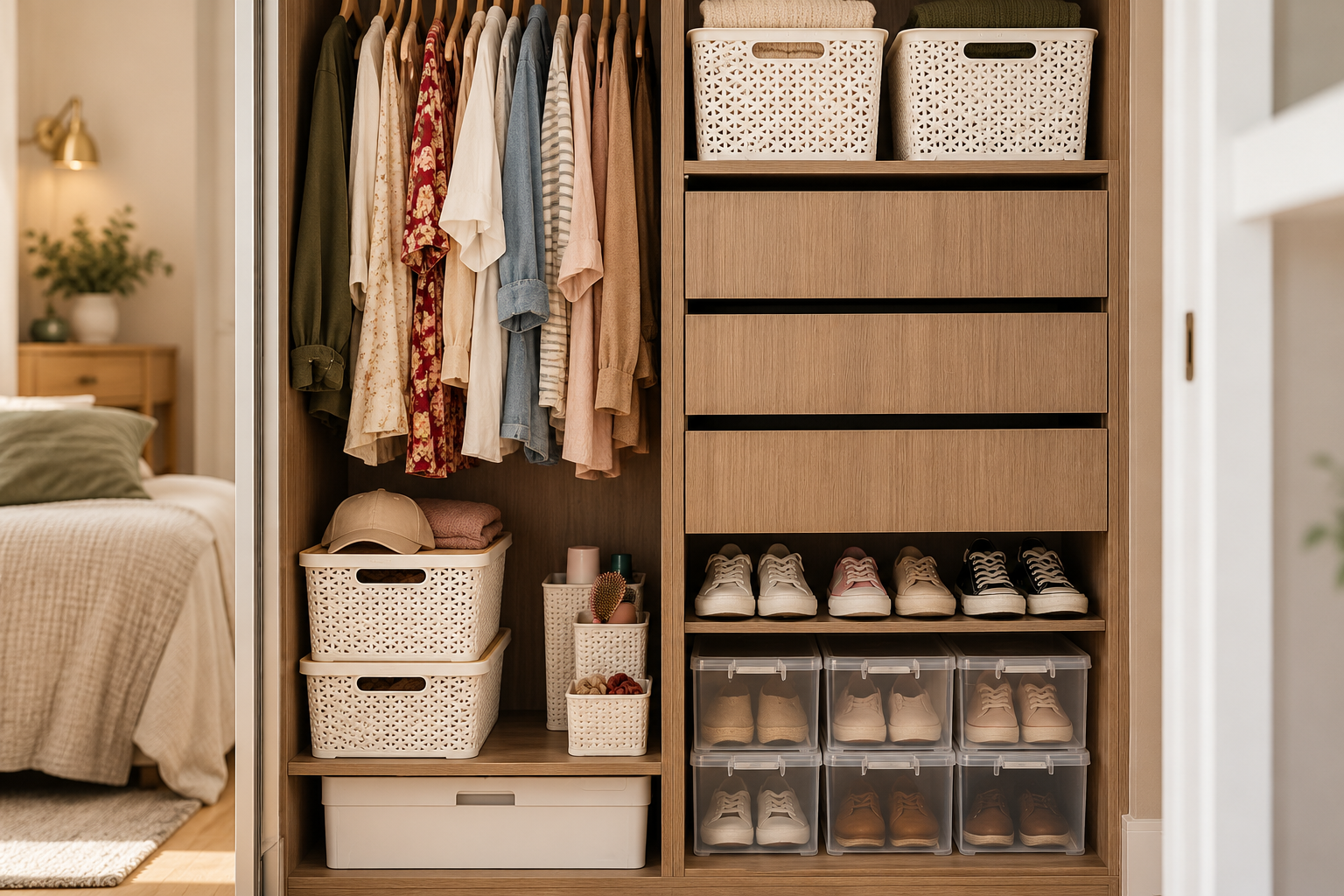 Placard pequeño con cajas de zapatos transparentes y organizadores simil ratán